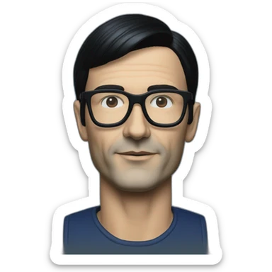 photo realistic Ralf Hutter from Kraftwerk, short straight black hair, black glasses, Dark Blue T-shirt, lean, right view sticker