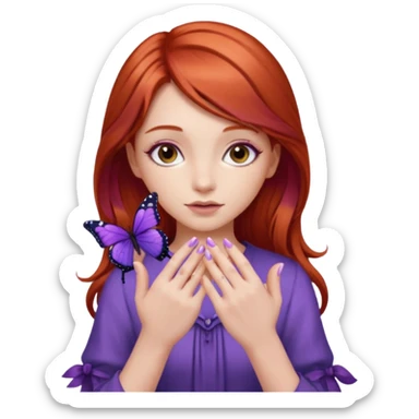 red haired girl finger holding purple butterfly - but her hands down sticker