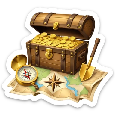 An icon featuring a treasure chest overflowing with gold, a treasure map with a compass rose, a backpack, and a shovel. The map guides the way, symbolizing the adventure of treasure hunting. Set against a transparent background, the design evokes excitement and exploration. sticker