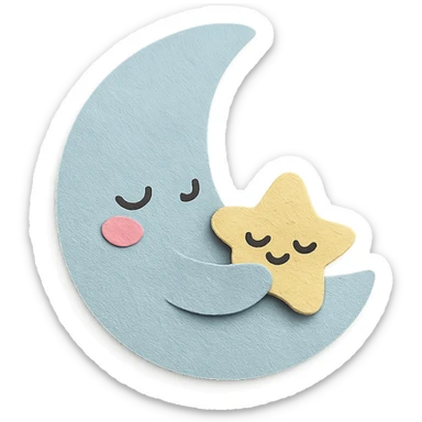 adorable pastel sleepy blue moon snuggling a tiny plush star, no arms or legs, full body sticker