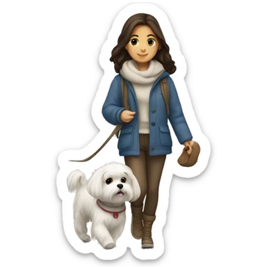 A brunette girl wearing a cozy outfit walking with a Maltese  sticker