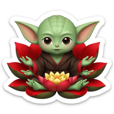 Baby Yoda con su tunica chocolate oscuro sentado dentro de una flor de loto estilo chino algunos contrastes en rojo sticker