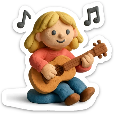 claymation style of a blonde girl playing guitar with music notes floating sticker