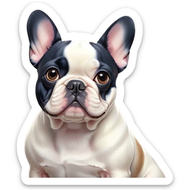 Cinematic Noble Pied French Bulldog Portrait Emoji, Radiating regal yet playful charm, with a distinctive pied fur of contrasting hues and a sculpted, expressive face featuring gentle, wise eyes and a confident stance, simplified yet artistically detailed, glowing with a soft, sophisticated radiance, high shine, exuding intelligent nobility and refined flair, soft glowing outline, capturing the essence of a noble Pied French Bulldog that embodies both strength and grace! sticker