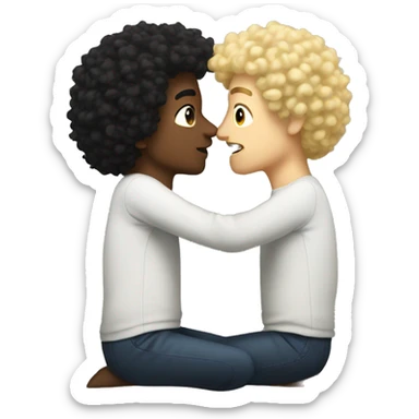 man with black curly hair kissing man with blonde fluffy hair sticker