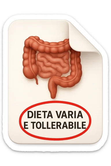 emoji stile iphone di un foglio con un INTESTINO disegnatO sopra e la scritta "DIETA VARIA E TOLLERABILE" CERCHIATA IN ROSSO, iperrealistico 4k, isolato su sfondo bianco sticker
