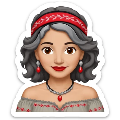 Latina woman, 50 years old, warm light brown skin, round face, wavy black and gray hair, red and white headband, medium eyes, thin eyebrows, kind smile, gray peasant blouse, embroidery, bare shoulders, large dark necklace sticker
