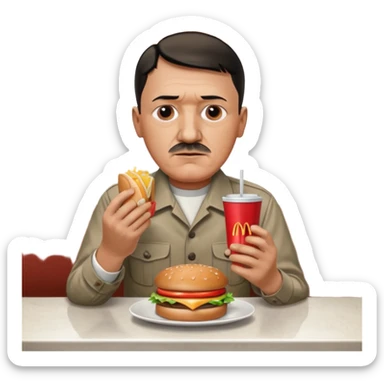 adolf hitler holding a big mac while sitting in a diner sticker