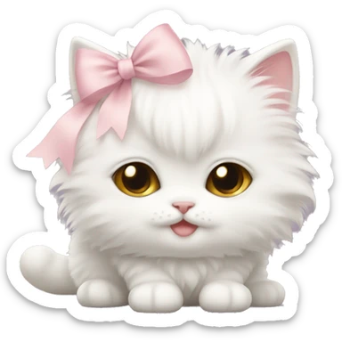 white fluffy chubby kitten with pale pink bow sticker