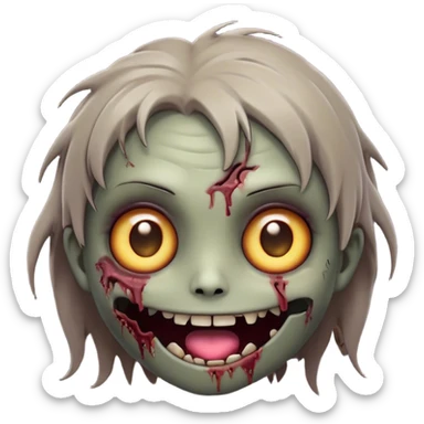 Cinematic Cute Zombie Portrait Emoji, with a delightfully quirky, slightly disheveled face in muted ashen hues, featuring quirky bright eyes and a playful, stitched-together smile, simplified yet irresistibly charming, highly detailed with a soft glowing outline that captures the adorable, offbeat spirit of a zombie who’s more cute than creepy! sticker