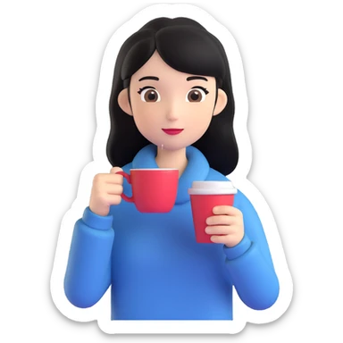 black-haired girl holding a coffee cup, emoji style sticker
