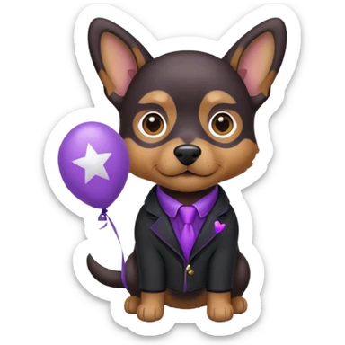 Dog hold purple star shape balloon, black jacket sticker