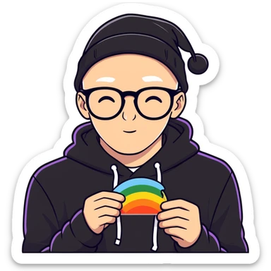 bald white guy with glasses, wearing a black beanie, black hoodie, tasting the rainbow sticker