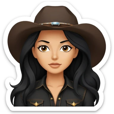 hot tanned woman with long black hair cowgirl style wearing black outfit sticker