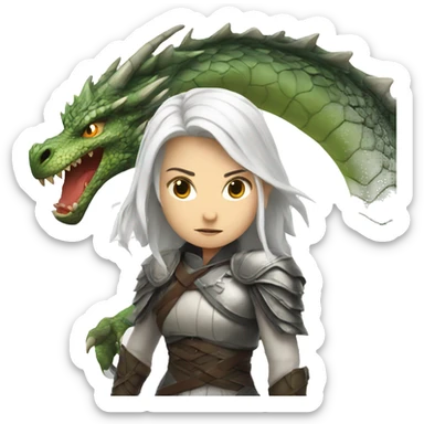 a girl with white hair fighting a dragon sticker