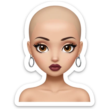 bald, pretty lips, pale tattoed skin,  dark brown eyes, pretty bratz baddie, black eyeliner sticker