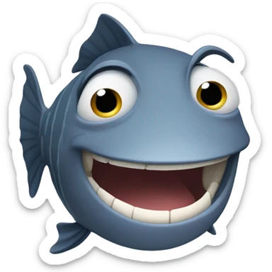 A fish laughing like a dog, with his eyes closed and mouth wide open. sticker