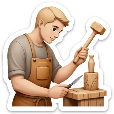 Wood carving a wooden sculpture, chisel and mallet in hand, carved wooden figure in progress, natural wood texture, minimalistic style, clean lines, transparent background. sticker