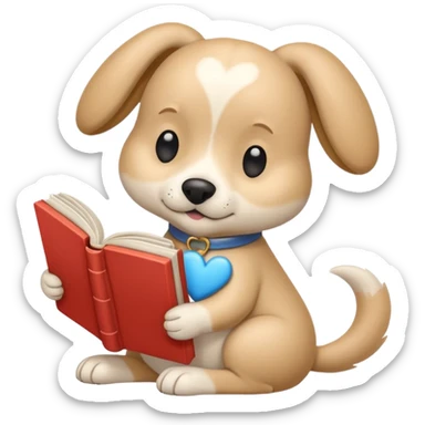Beige dog reading a sky color book And a big white heart on the back sticker