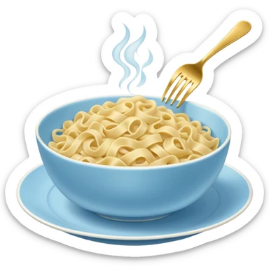 Pastel blue China dish with gold fork with buttered noodle sticker