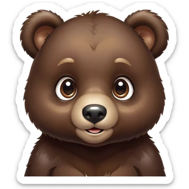 Cinematic Cute bear cub Portrait Emoji, Head tilted playfully and inquisitively, featuring a glossy dark brown fur with a natural sheen and round, sparkling eyes filled with gentle curiosity, Simplified yet irresistibly adorable features, highly detailed, glowing with a warm, friendly glow, high shine, affectionate and mighty, stylized with a touch of woodland whimsy, bright and endearing, soft glowing outline, capturing the essence of a mischievous yet loving bear cub, so playful it feels like it could amble out of the screen and into your arms! sticker