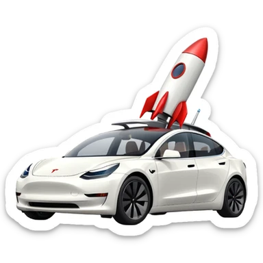 Tesla model 3 white.  Rockets mounted on roof sticker