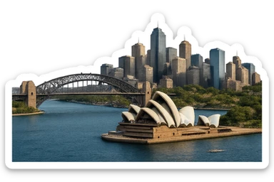 cinematic, realistic emoji of Sydney, featuring a wide city view with iconic landmarks such as the Sydney Opera House, Sydney Harbour Bridge, and the city skyline, with lifelike detail, accurate colors, bright daytime lighting, fully transparent background with no sky and no clouds sticker
