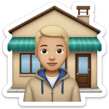 a single 2D line-drawn character + small shop sticker