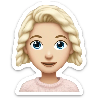 Pretty blue eyed white girl with light pink sweater reading cozy sticker