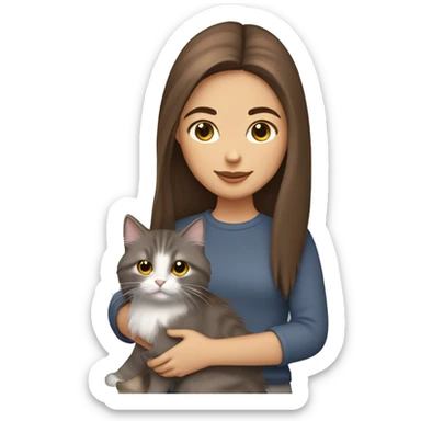  Chestnut brown straight hair girl holding fluffy Siberian gray cat  sticker