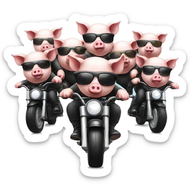 6 Pigs on 6 motorbikes, wearing sunglasses and a helmet sticker