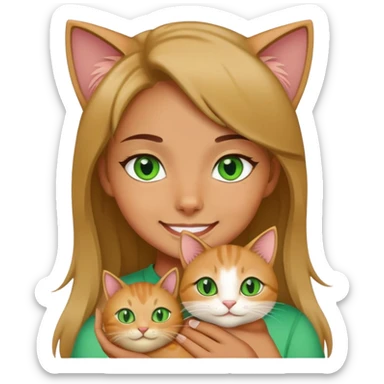 girl holding a gree eye cat and smiling sticker