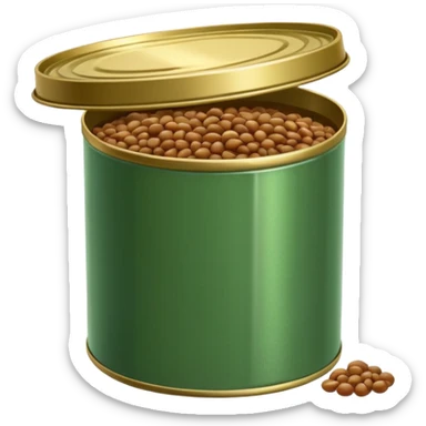 open tin can with glossy brown-green cooked lentils inside, moist, slightly shiny texture, soft rounded shapes, smooth surface, a few lentils spilling near the edge, no spoon, no label, no garnish, soft lighting, subtle shadows, transparent background, emoji scale sticker
