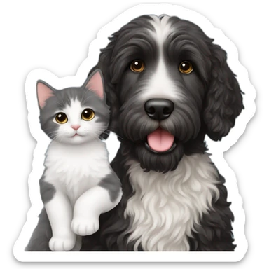 Black labradoodle and white and grey kitten sticker