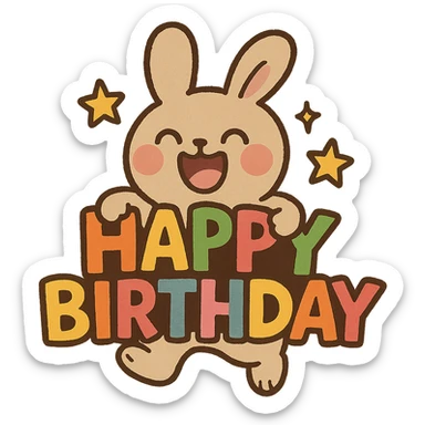 laughing bunny hugging 'Happy Birthday' letters with stars, full body, sticker style sticker