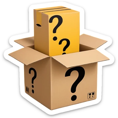 amazon box printed with q&a over stuffed with yellow question marks sticker