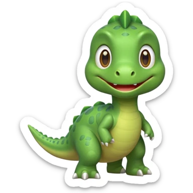 Cute green dinosaur emoji with round body, big eyes, small arms, soft shadows, smooth outlines, glossy finish, friendly smile, simple flat design, high-detail yet minimal style, perfect for emoji set, transparent background sticker