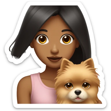 A girl with long black hair, light brown eyes, big lips, holding a light pomeranian in her hands sticker