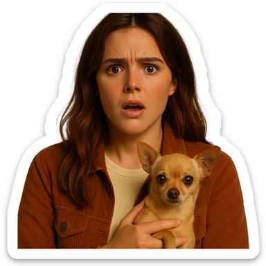 Portrait centered for Instagram profile picture, inspired by the facial features visible in the reference images, with a tanned complexion, subtle freckles, shirt color #FFF8CA, rust-colored jacket, medium-length brown hair with auburn highlights, shocked and outraged expression, holding a beige-brown chihuahua, Netflix series style, transparent background, intimate Tenerife ambiance. sticker