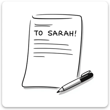 a paper letter with "TO SARAH" text written at the top of the letter, with a pen lying next to it sticker