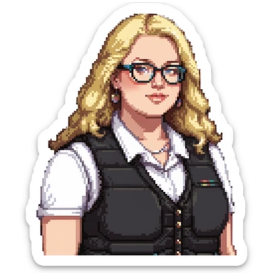 Plus size blonde person wearing glasses and a vest sticker