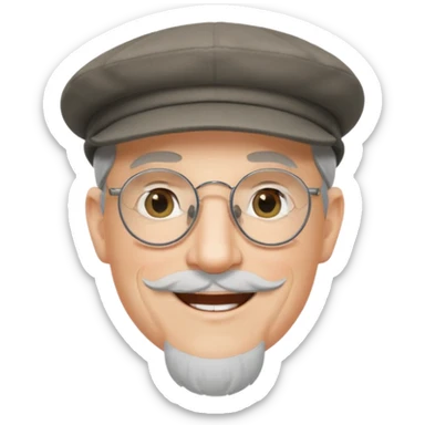 Older cute white male, grey Irish flat cap, wire rim glasses, goatee sticker