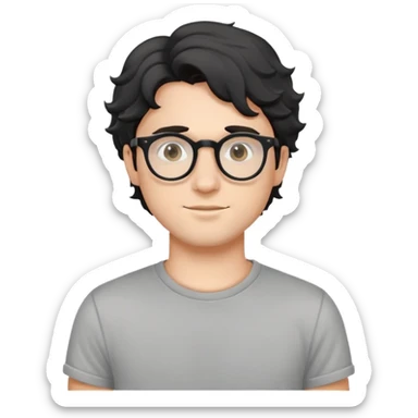 Young caucasian man with black wavy hair, round glasses, wearing a grey t-shirt sticker