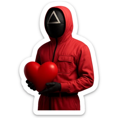 Edit the masked guard from Squid Game series wearing a pink jumpsuit, holding a large red heart instead of a weapon. Keep the minimal background and dramatic lighting. Maintain the original style but remove the background entirely. sticker
