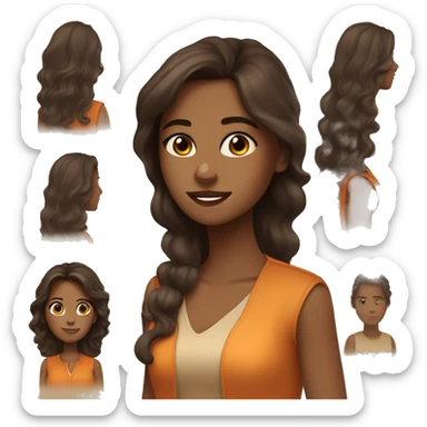 a charming tanned woman wavy chocolate hair, caramel eyes, beige shirt, orange vest sticker