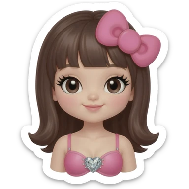 Brown hello kitty girl, Long giant lashes, Doll faced shaped,swarovski heart with light pink bra, with pink hello kitty bow, dark brown hair sticker