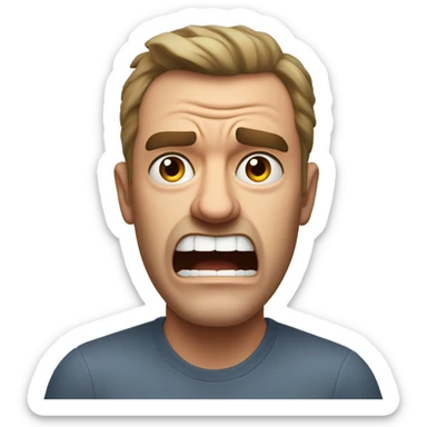 Create an emoji of an Australian dad who looks mad or is shouting. He should have a slightly angry expression with furrowed brows and an open mouth, as if he's shouting. Avoid any smile; instead, show a frustrated or intense expression. sticker