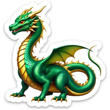 cinematic-noble-dragon-full body-emoji,-poised-and-majestic,-with-a-sinuous,-elongated-build-and-shimmering,-scale-covered-skin-in-hues-of-emerald-and-gold,-piercing,-fiery-eyes,-simplified-yet-sharp-and-sophisticated-features,-highly-detailed, zoomed out showing the serpentine body sticker