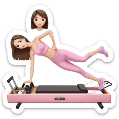 pretty skinny white brunette teen long hair with hazel eyes and a small waist in light pink workout clothes in a plank on a pilates reformer sticker