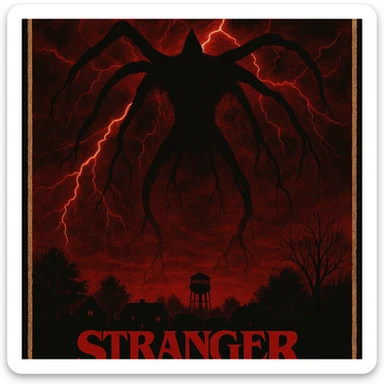 Stranger Things series horror poster style, the Mind Flayer looming over Hawkins with red lightning, dark and eerie atmosphere sticker